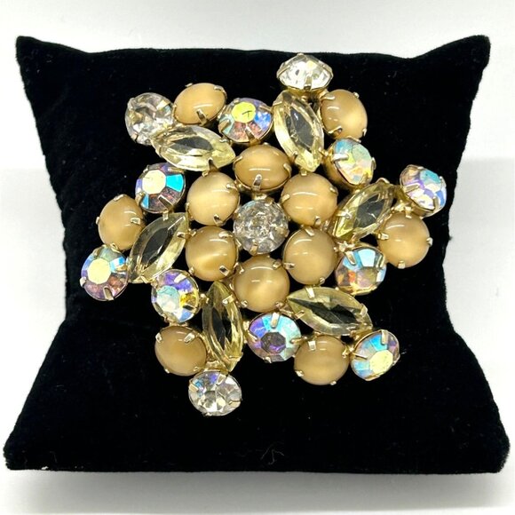 Vintage Goldtone Rhinestone & Glass Cabochon Brooch Pin Statement 2.75 Inches - Picture 2 of 10